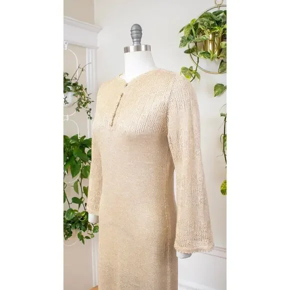 Vintage 1970s ST. JOHN Sweater Dress 70s Metallic Gold Knit Maxi Boho Disco